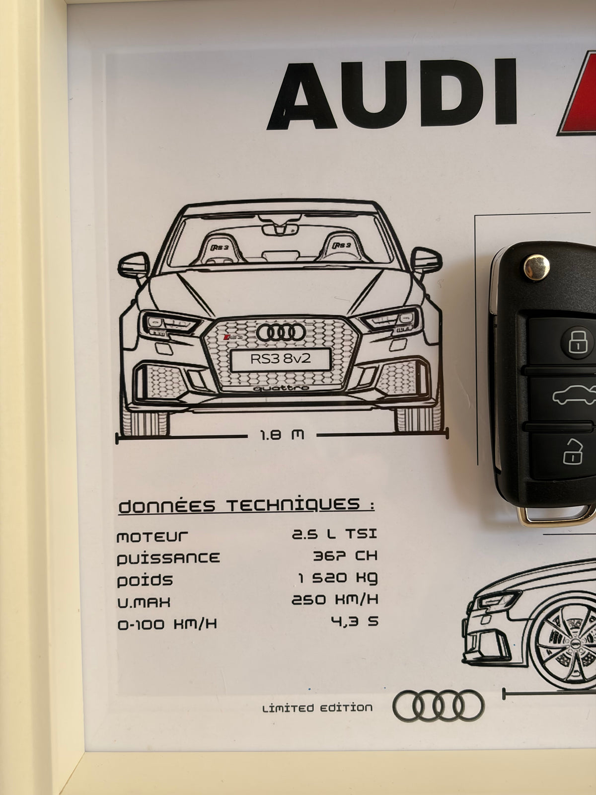 Cadre avec clé décorative de Audi RS3 8v2 BLANC